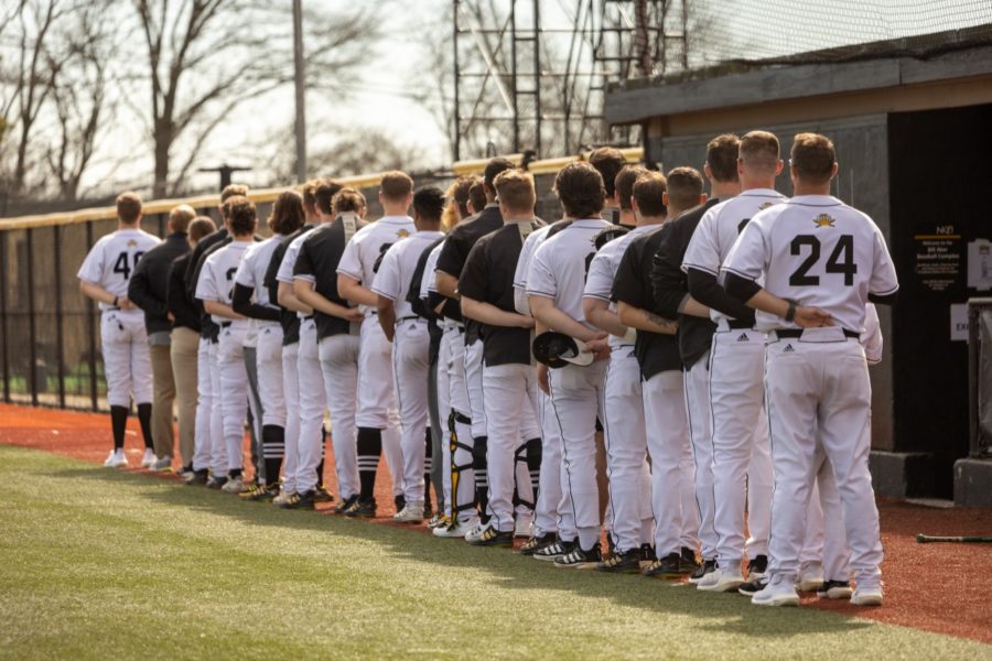 The+NKU+baseball+team+prior+to+their+game+against+Butler+on+Tuesday%2C+March+1.