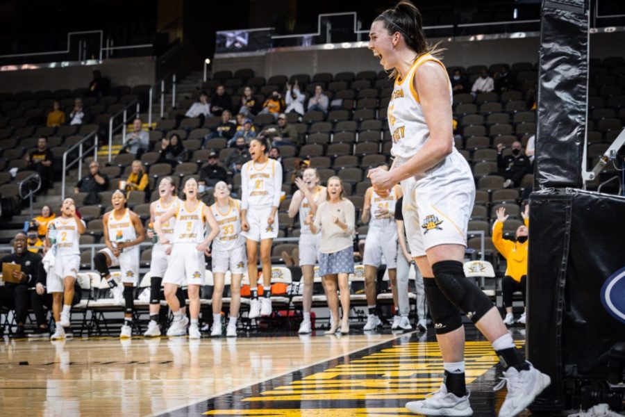 NKU forward Grayson Rose and the NKU bench celebrate during the Norse win over Detroit Mercy.