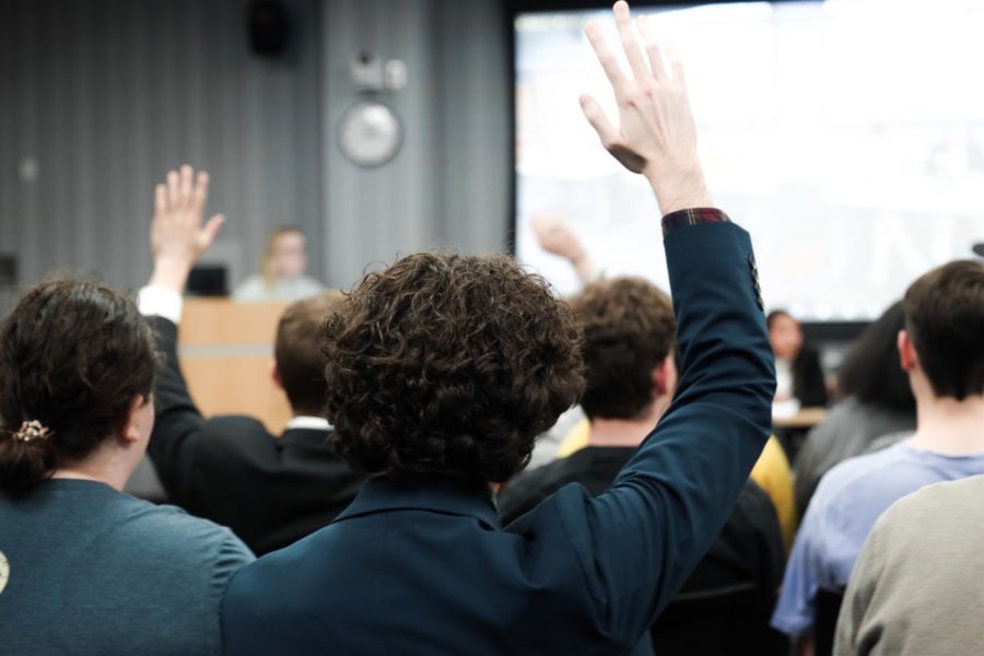 The audience of the debate with questions for the three slates of candidates in the Student Unions Student Governance Room on Monday evening.