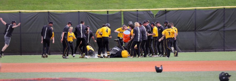 The Norse celebrate the walk-off hit from third baseman Manny Vorhees against Purdue Fort Wayne on Friday.
