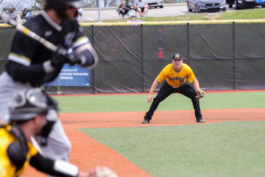 NKU third baseman Manny Vorhees prepares for the pitch against Purdue Fort Wayne on Friday.