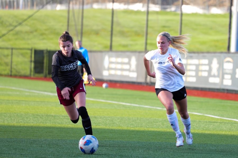 Lindsey Meyer dribbles against Northwestern Ohio in the Norses spring game on April 14.