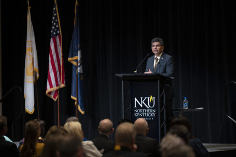 President Ashish Vaidya  speaking to audience members during Fall Convocation 2022. 