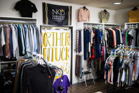 The Care Closet is located in University Center 142 and features menswear on the left side of the space and womenswear styles on the right.