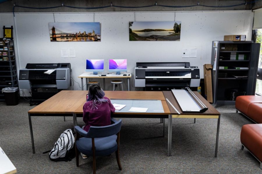 Garcia at work in the NKU Visual Arts Print Lab. 