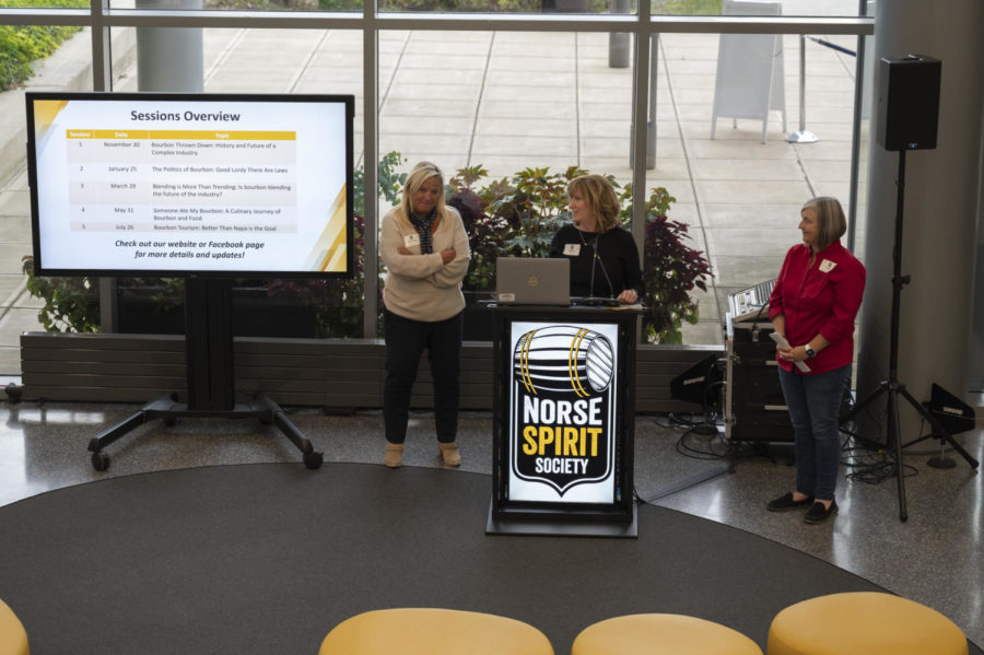 Carmen Hickerson (left), Julie Kirkpatrick (right) and Amy Tobin (center) address the crowd at the Norse Spirit Society pilot event. 