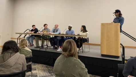 NKU student panelists speaking at Interfaith Week student panel about their religious affiliation. Left to right: Michaela Vogel, Nick Osburg, Chris Wallace, Mohammed Ali, Prerena Poudel and Matt Wallin leading the panel.
