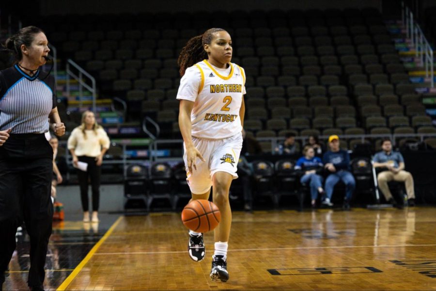 NKU’s Ivy Turner drives the ball up the court in the first half of NKU’s 73-50 win over Wright State Wednesday night. Turner scored 15 points while going 6-for-10 from the field as the Norse improved to 2-1 in Horizon League play.