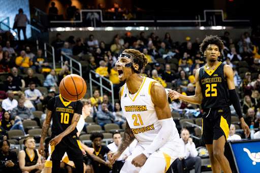 Chris Brandon shows some emotion after finishing a dunk in the first half of NKU’s loss against Milwaukee. Brandon had a season-high 18 points on the night, and his 17 rebounds was two off from tying his best mark this year.