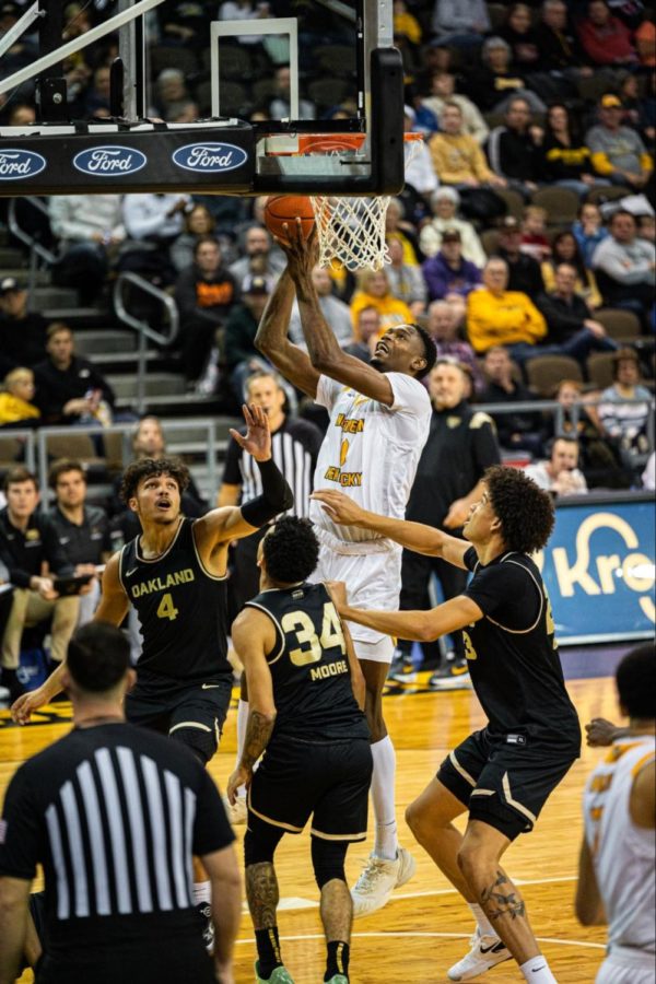 Imanuel Zorgvol goes up for one of the seven rebounds he accrued during Friday night’s game against Oakland. Zorgvol was one rebound shy of matching his highest tally of the year in the loss.