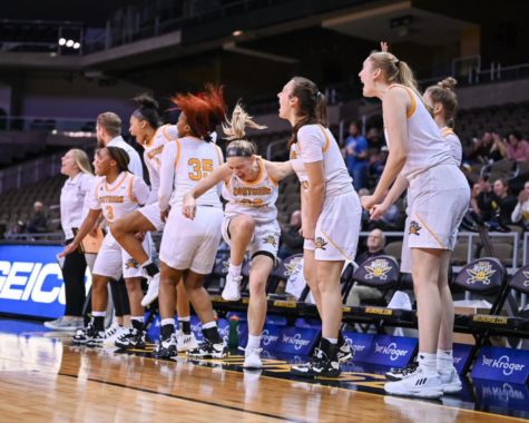 The Norse bench celebrates a play during NKU’s 66-60 comeback win over the Milwaukee Panthers Thursday night. After shooting just 19.4% from the field in the first half, the Norse roared back to shoot 17-for-30 for the remaining 20 minutes of the ballgame.