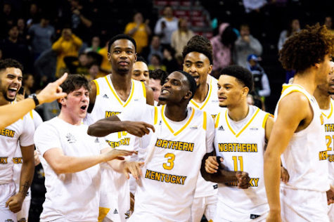 Marques Warrick celebrates with his teammates following NKU’s thrilling 57-56 win over Cleveland State Thursday night. Warrick had 19 points during his birthday bash, including a buzzer-beating three at the end of regulation to win the game for the Norse.