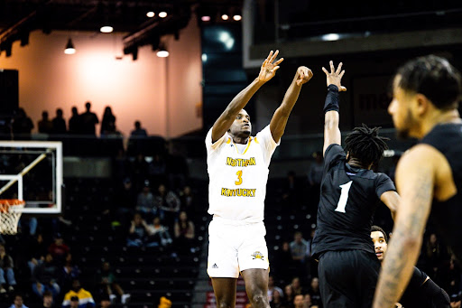 Marques Warrick takes the final shot over the extended arms of Cleveland State’s Tae Williams (1) to lift the Norse over the Vikings. Warrick went 4-5 from three-point range including the dagger that ended up at number two on SportsCenter’s Top 10 Plays and Scott Van Pelt’s “Best Thing I Saw Today” Thursday night.
