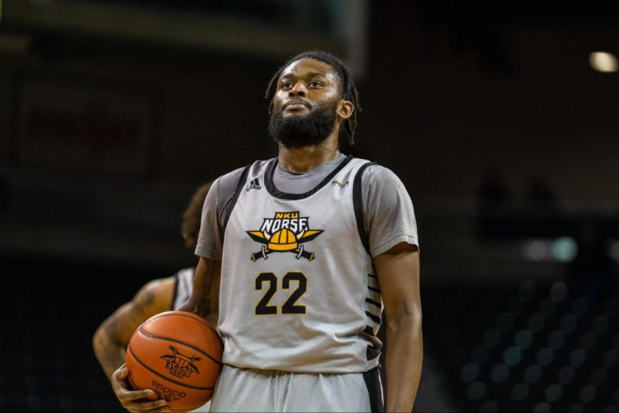 Trevon Faulkner prepares himself to shoot free throws during NKU’s 78-76 overtime win over Detroit Mercy Sunday afternoon. Faulkner scored 14 points on the day, including a buzzer-beating three-pointer at the end of regulation to send the game into overtime.