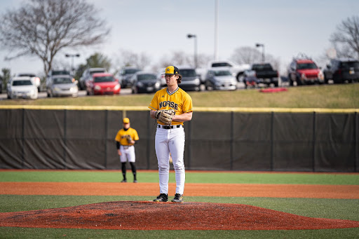 Ben Gerl looks in for a sign from catcher Nick Wimmers during his starting outing Friday afternoon against WMU. Gerl was locked in on the mound, hurling five quality innings and striking out six in the 6-5 win for the Norse. 