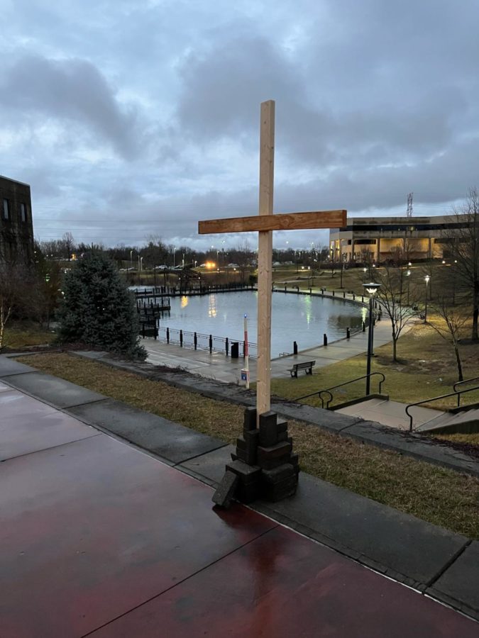 The cross, constructed by NKU students, remains standing at the outdoor campus amphitheater.