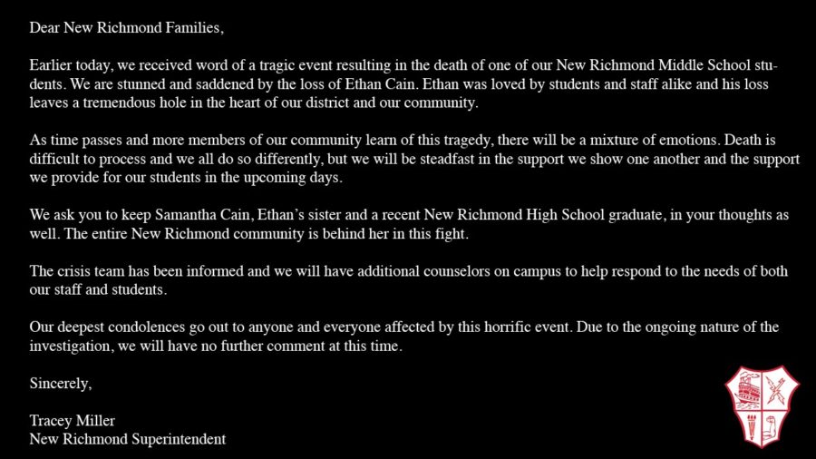 A letter released from the superintendent of New Richmond Schools