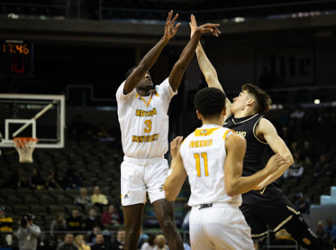 Marques Warrick is fouled while shooting a three-pointer during NKU’s Horizon League Tournament quarterfinal matchup against Oakland. Warrick has scored a combined 44 points in two games in the tournament so far, including 22 during Monday night’s semifinal win against Youngstown State.