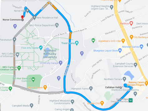 Map showing distance from Callahan Hall to Norse Commons