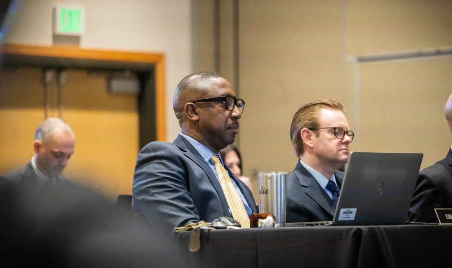 Dr. Eddie Howard sits among the presidential cabinet at the March 15 Board of Regents Meeting.