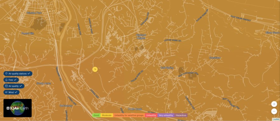 A screenshot of the air quality in Highland Heights and surrounding areas as mapped by IQAir.