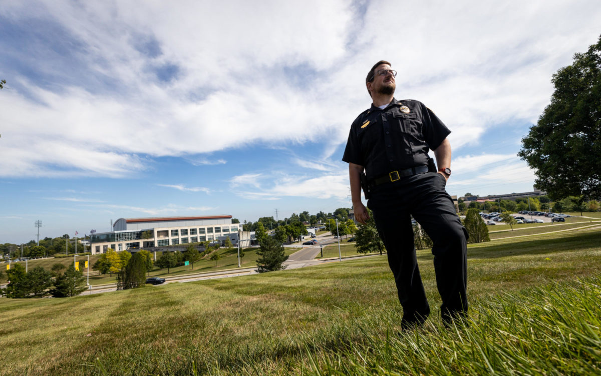 NKU Police Department Chief John Gaffin stands outside his office which overlooks Truist Arena.