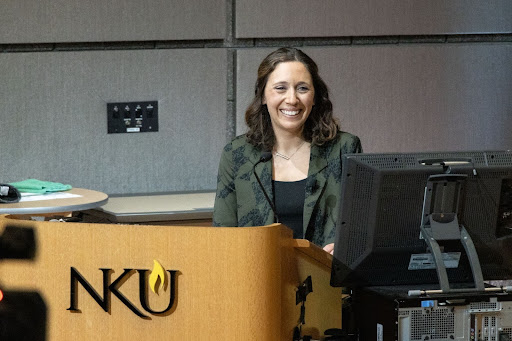 Julie Pace, executive editor of The Associated Press, speaking at the Six@Six Lecture Series in NKU’s Digitorium in Griffin Hall.