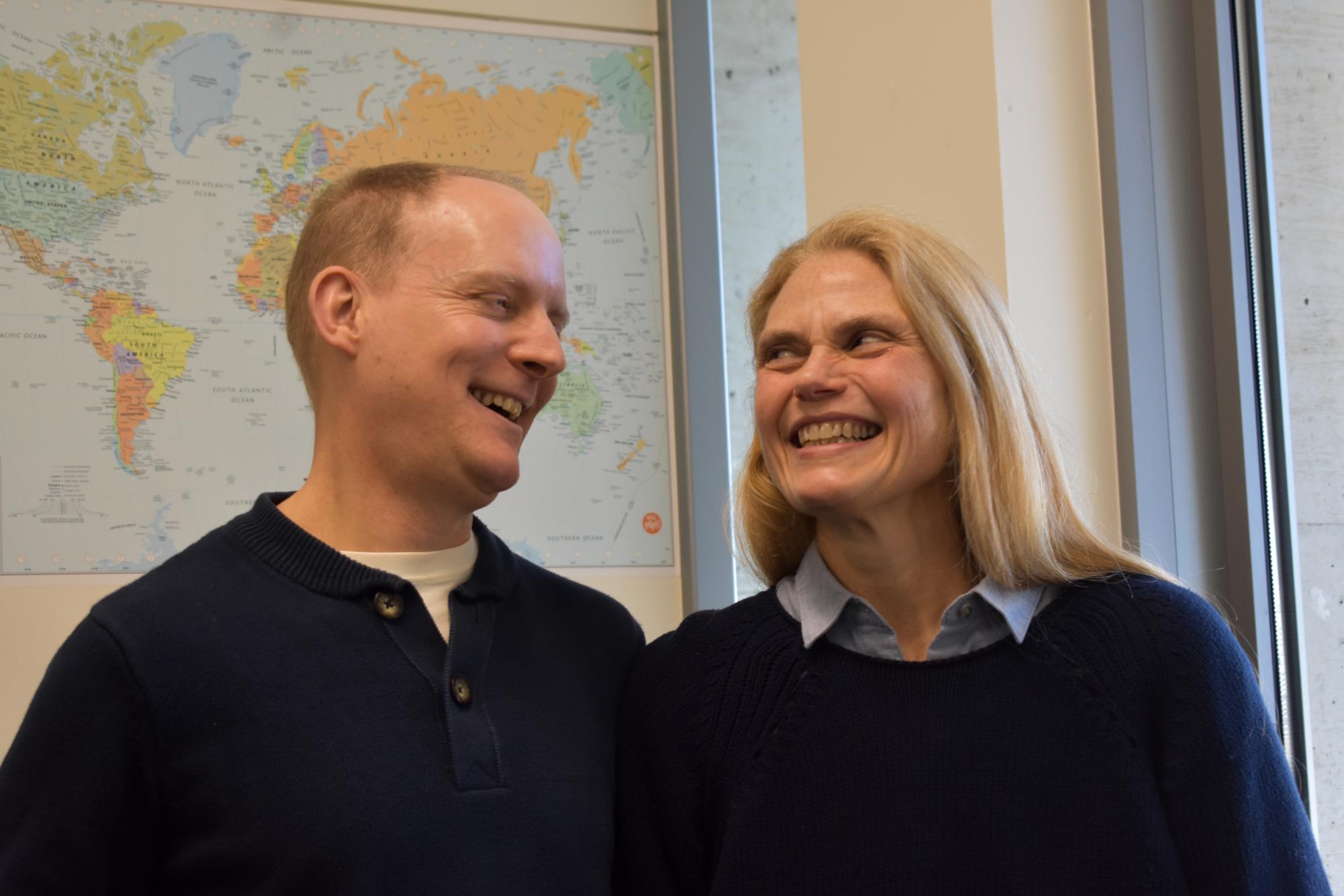 Dr. Michael Baranowski and Dr. Kimberly Weir stand in Weir's office located in Founder's Hall.