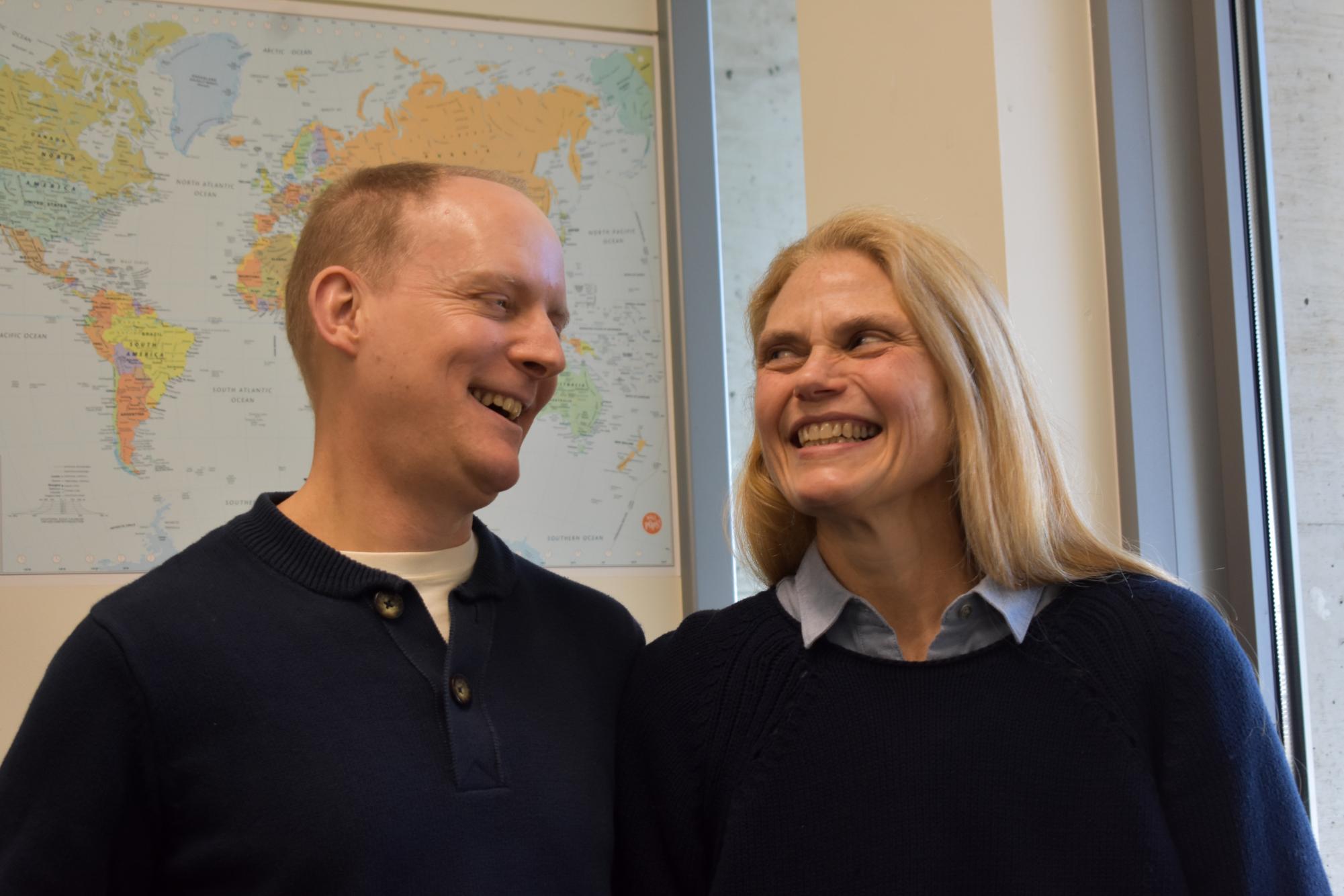 Dr. Michael Baranowski and Dr. Kimberly Weir stand in Weirs office located in Founders Hall.