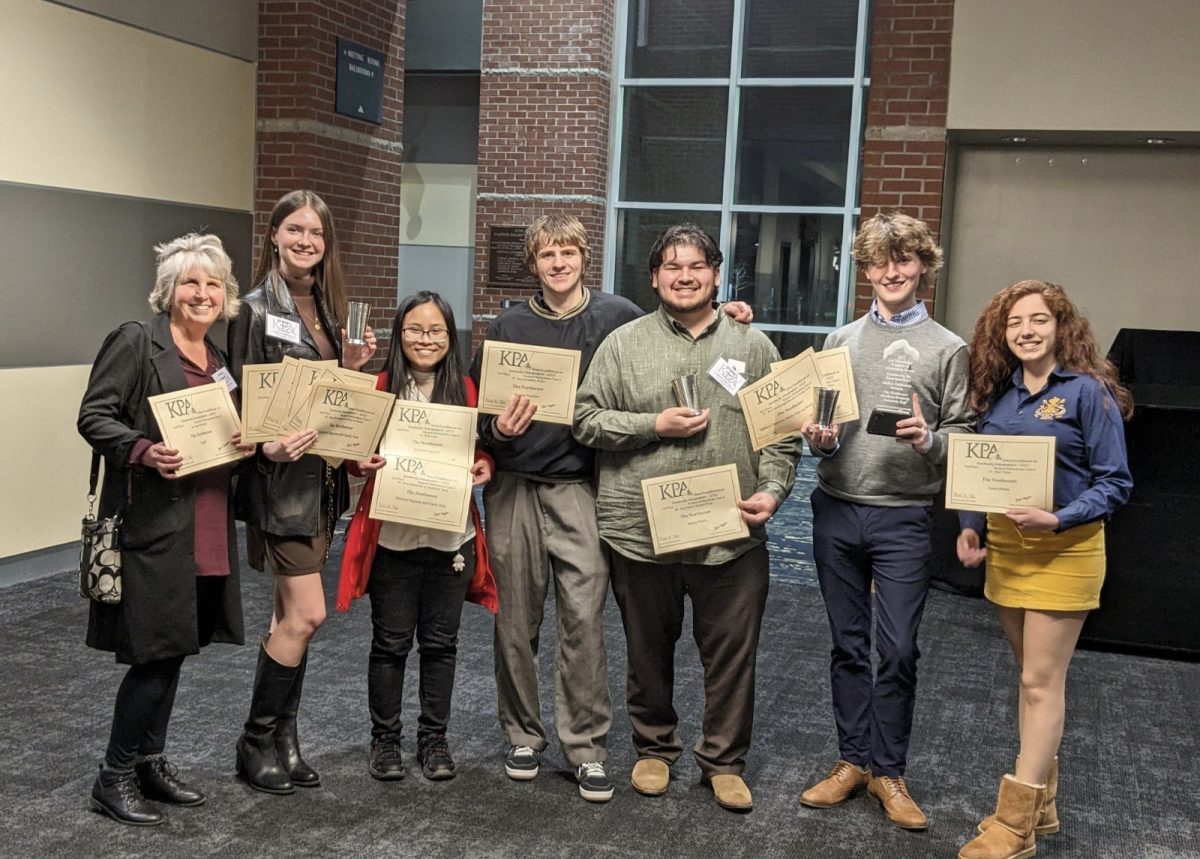 The Northerner's 2024 Kentucky Press Association Winter Convention attendants. Picture left to right: Michele Day, Emily Sisk, Mildred Nguyen, Killian Baarlaer, Emory Davis, Braden White and Aya Aleily.