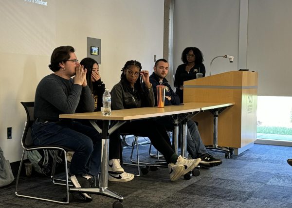 From left to right: James Renton, Melanie Crespo, Analiese Burks-Maye and Collin Jarrell served as student panelists at the Student Government Associations Victor Talks discussing anti-diversity, equity and inclusion legislation.