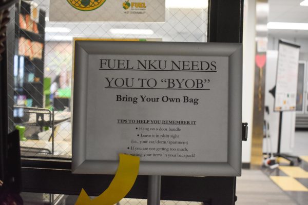 Sign outside of FUEL NKU asks people to bring their own bag.