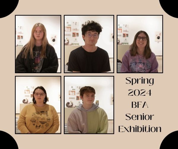 Five of the six artists in the senior BFA exhibition. From top to bottom (left to right) Evey Cooper, Grady Gartland, Sydney Decker, Allison Insko, and Ty Holt