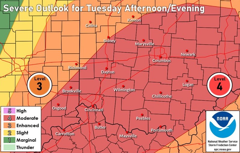 The central Ohio Valley region has been given a level four out of five risk for severe weather on Tuesday.
