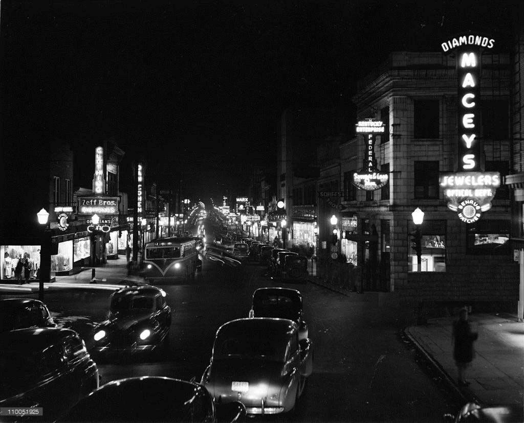 Cars lined Monmouth Street in the 1940s.