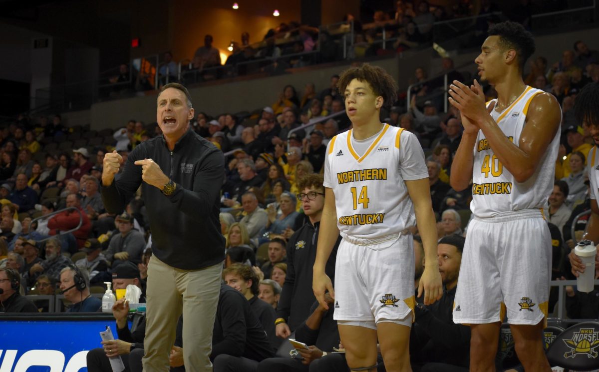 NKU Head Coach Darrin Horn reacts as NKU played Purdue Fort Wayne on Jan. 25, 2024. Jeramiah Israel (left) and Keeyan Itejere (right) have now both entered the transfer portal.