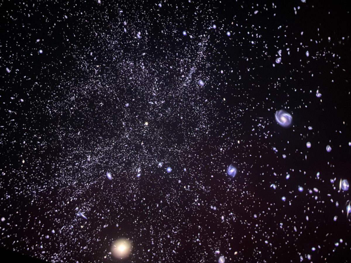 The planetarium projection displays a star-filled sky during the meditation session.