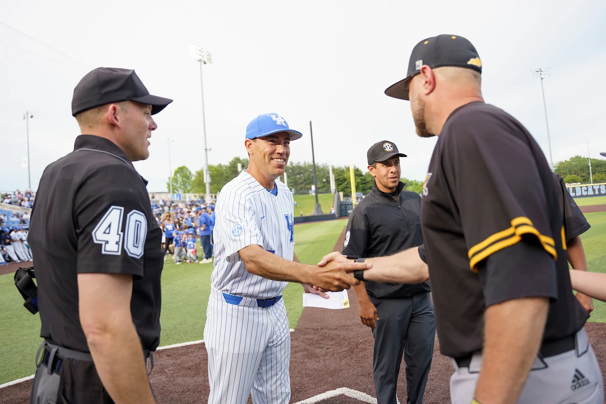 NKU's head coach Dizzy Peyton shook hands with Wildcats' head coach Nick Mingione at home plate before the game. Kentucky lead the series 14-2 all-time against the Norse.