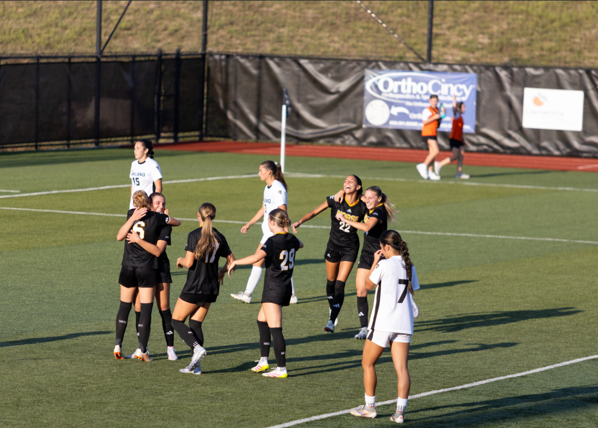  NKU’s women’s soccer team celebrates Lilly Yordy’s goal against Oakland. She scored just 90 seconds into the second half, as NKU won the game 4-0.