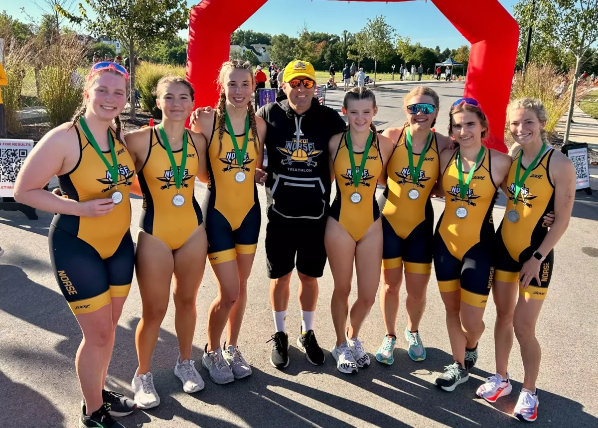 Caption: Women’s triathlon competed in the Geist Sprint Triathlon, finishing third. This is their first podium finish in their two years as a team.