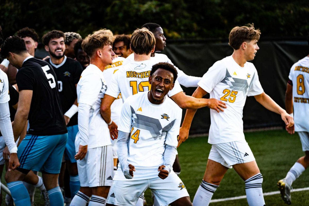 Winger Silas Borgman (14) celebrates with his team after he scored the lone goal for the Norse off a penalty kick. Steven Braniste was able to set up his goal by drawing a foul in the box, receiving the penalty kick for Borgman.