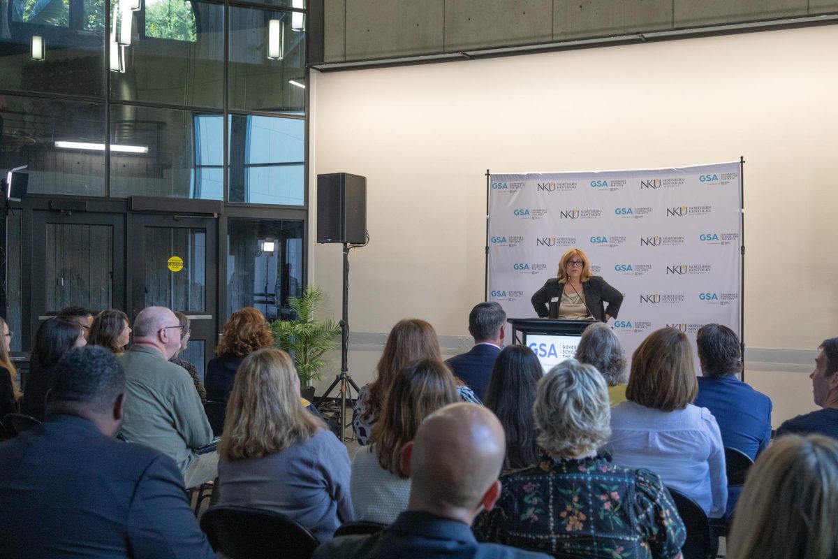 Kim Baker, president of Kentucky Performing Arts, speaks during a press conference announcing the Governor’s School for the Arts’ move to NKU.