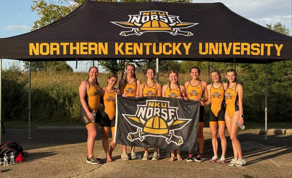  Women’s triathlon team celebrating their first-ever first-place finish in program history in the Millikin Splash & Dash. Four Norse finished within the top ten, and two finished right outside the top ten.