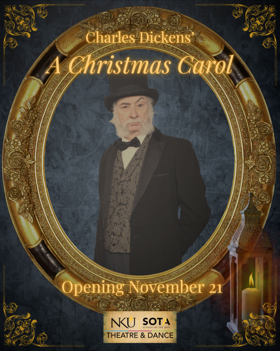 A promotional photo of the production features Ebenezer Scrooge (NKU Theatre & Dance).
