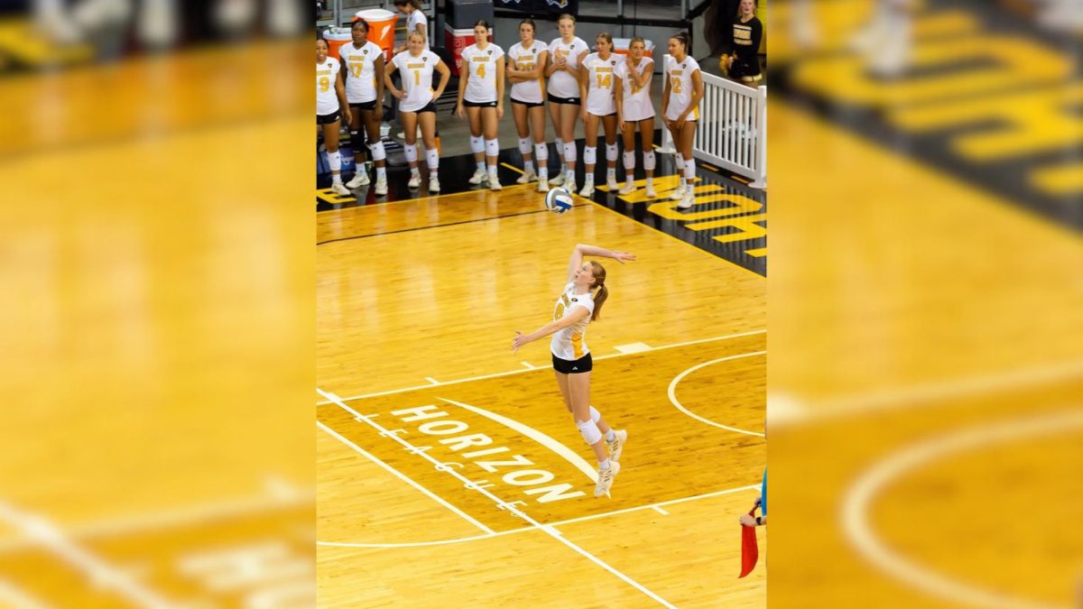 Allison Risley serving the ball against IU-Indy. She had 15 kills, 10 digs and five block assists in the Semi-Finals win.
