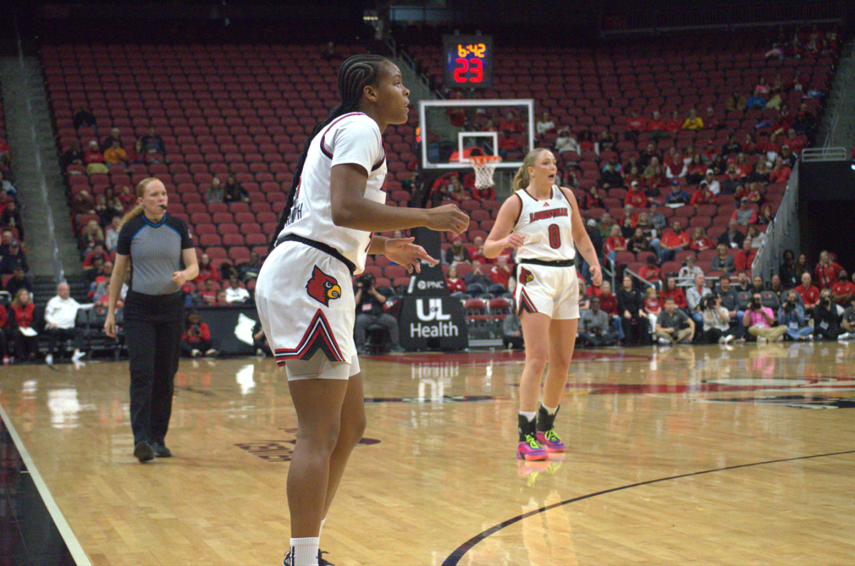 Louisville forward Mackenly Randolph (4) calling for the ball. She is the daughter of former NBA All-Star Zach Randolph.