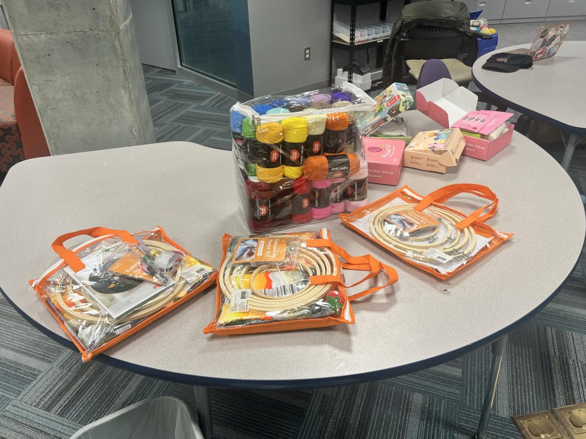 Crochet supplies await stressed students in the Stego Studio maker space at Steely Library.