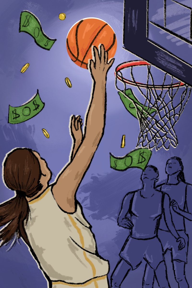 A drawing done by Ella Rinehard of a basketball player going up for a layup with money falling from the sky.