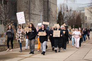 Chanting as they went, protesters marched in a loop through campus. The route began at the Student Union and passed the University Center, Fine Arts building, Steely Library, Landrum Academic Center, Founders Hall and Null Hall.