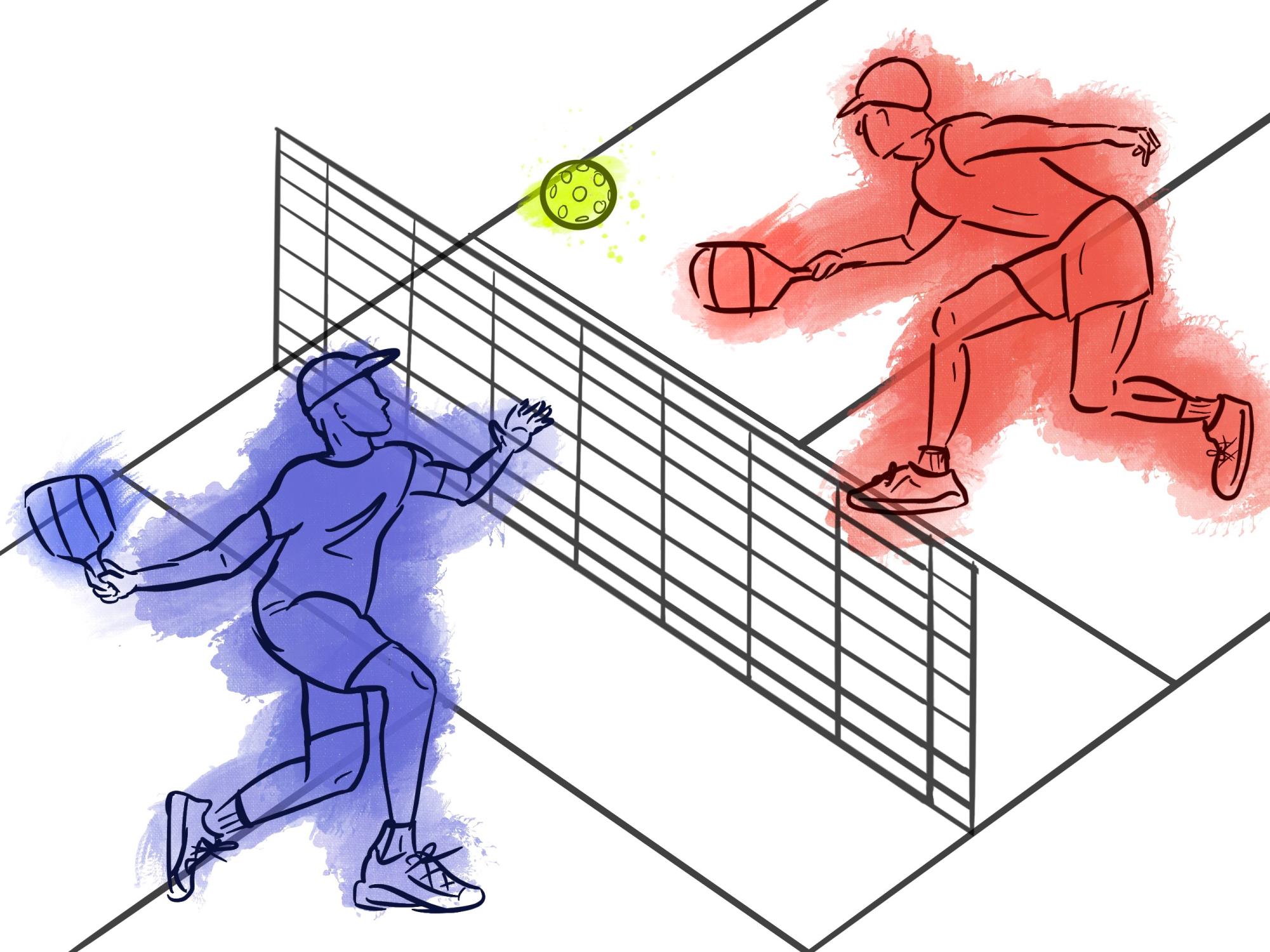 An illustration of two people playing pickleball. Dr. Christopher Lawrence says activities like pickleball can help reduce stress and anxiety related to politics.